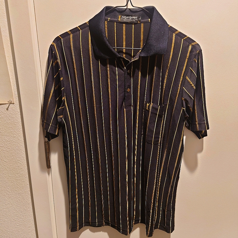 Yves Saint Laurent Silk Navy Blue and Gold Striped Polo